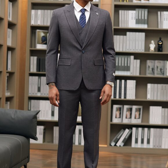 Charcoal W/ Blue Pinstriped Peak Lapel 3 Piece Stacy Adams Men's Suit - Picture 4 of 6